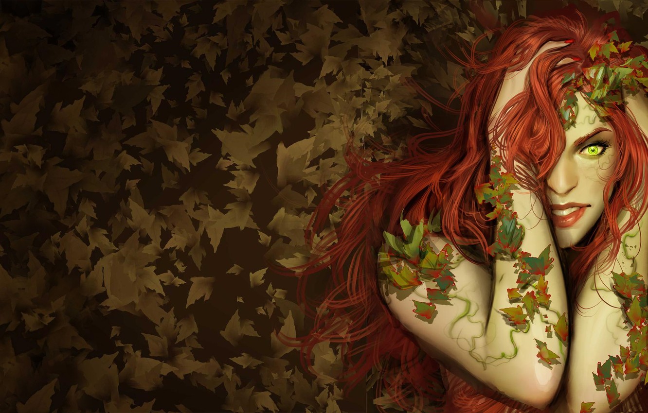 Photo Wallpaper Autumn, Leaves, Girl, Red, Comic, Green-eyed, - Stjepan Sejic Poison Ivy - HD Wallpaper 