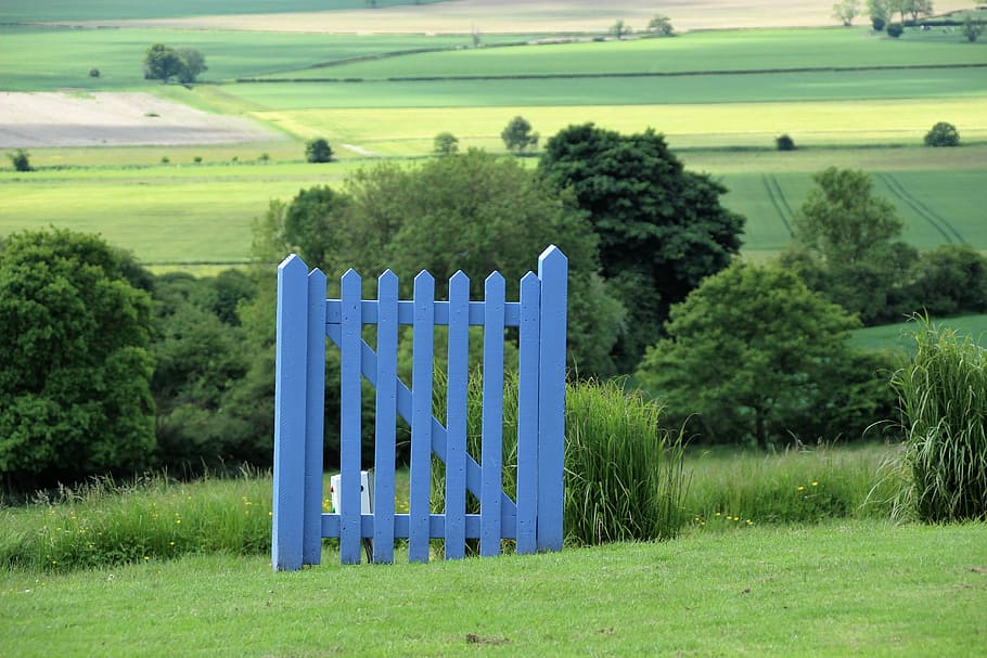 Blue Wooden Fence On Grass Field During Daytime, Blue - Fence - HD Wallpaper 