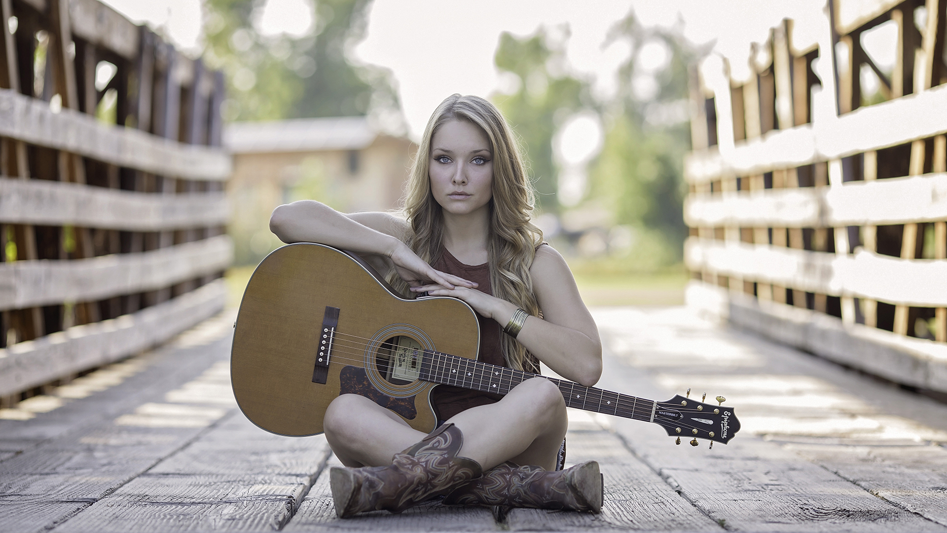 Acoustic Guitar On A Bridge Wallpaper Hd - HD Wallpaper 