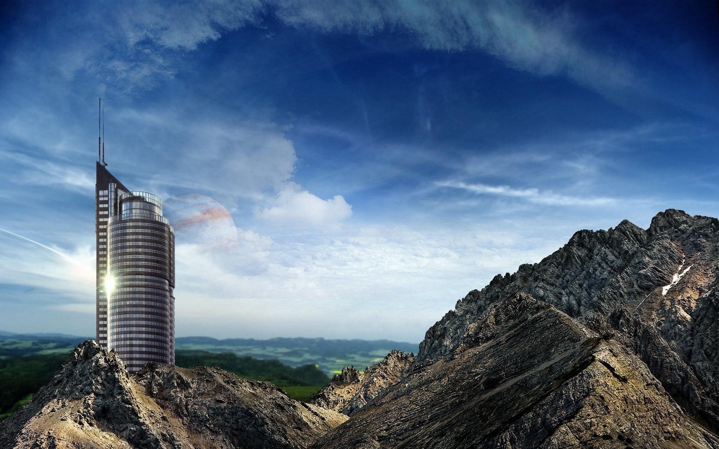 Wallpaper Mountains, Rocks, Progress, Civilization, - Skyscraper On A Mountain - HD Wallpaper 