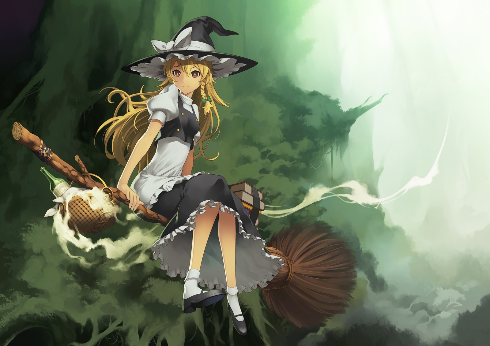 Wallpaper Girl, Broom, Hat, Witch, Witchcraft - Witch On A Broom Anime - HD Wallpaper 