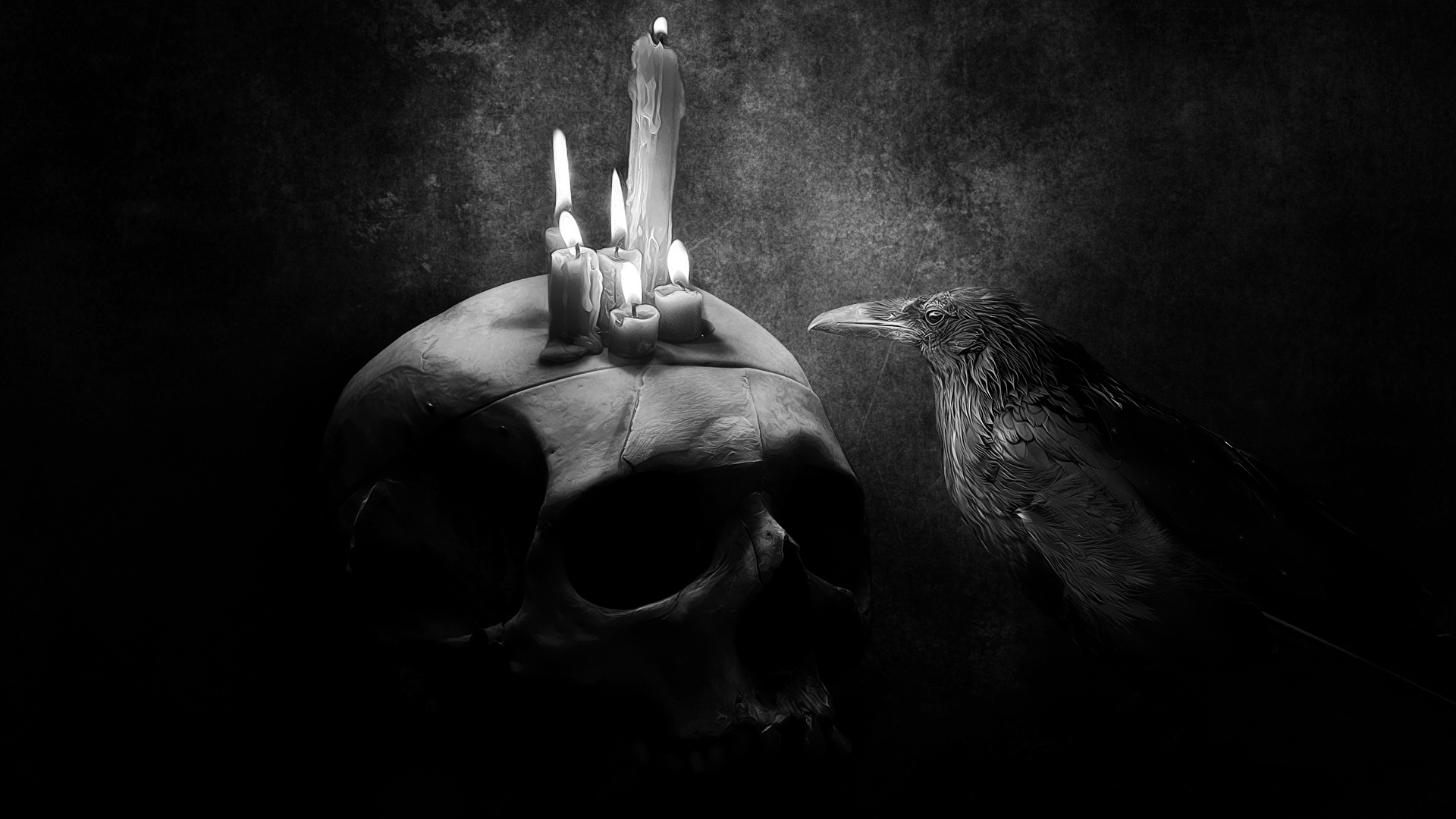 Wallpaper Crow, Bird, Drawing, Skull, Candle - Skull Candles Black Background - HD Wallpaper 