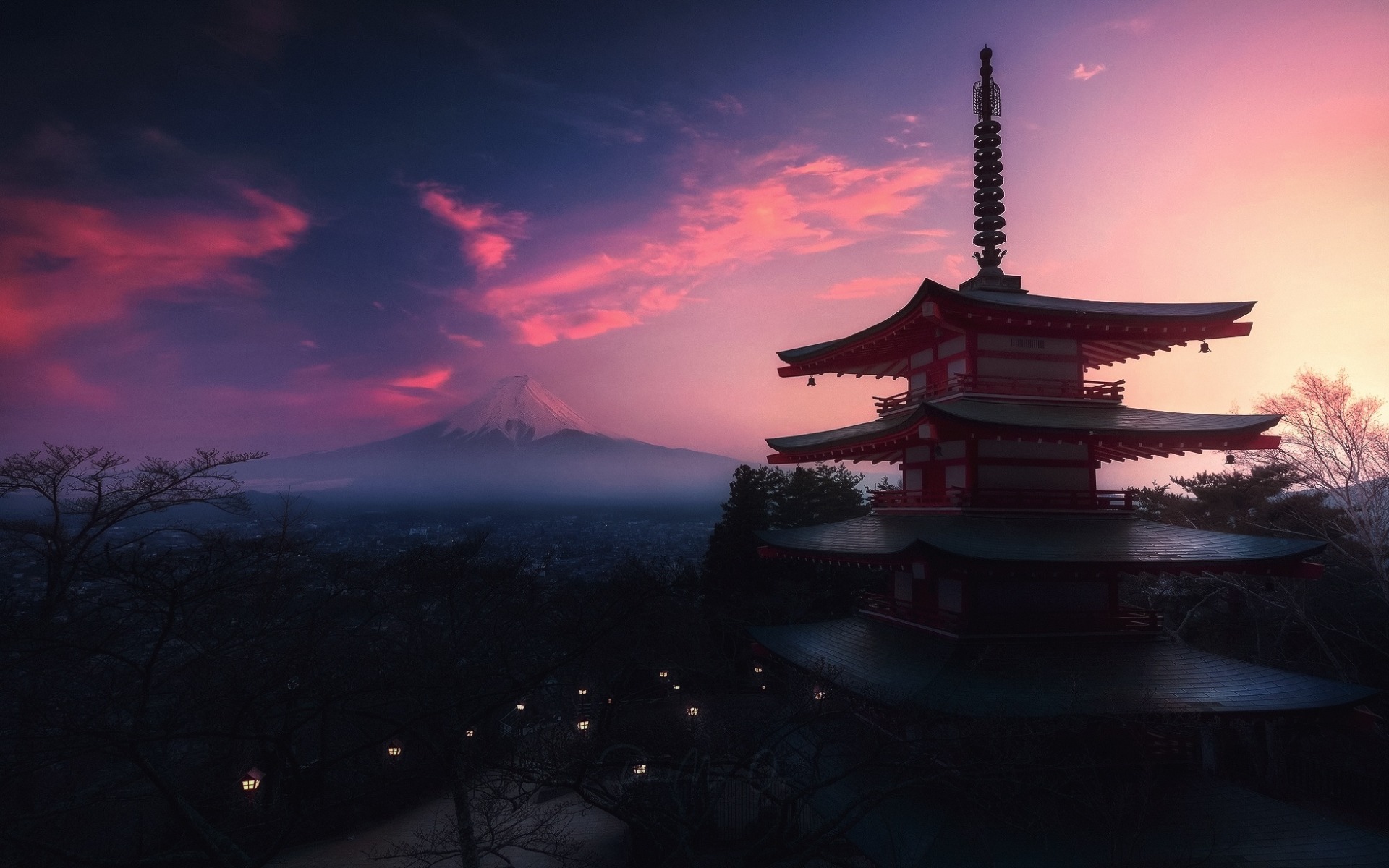 Mount Fuji, Evening, Sunset, Pagoda, Japanese Temple, - Chureito Pagoda - HD Wallpaper 