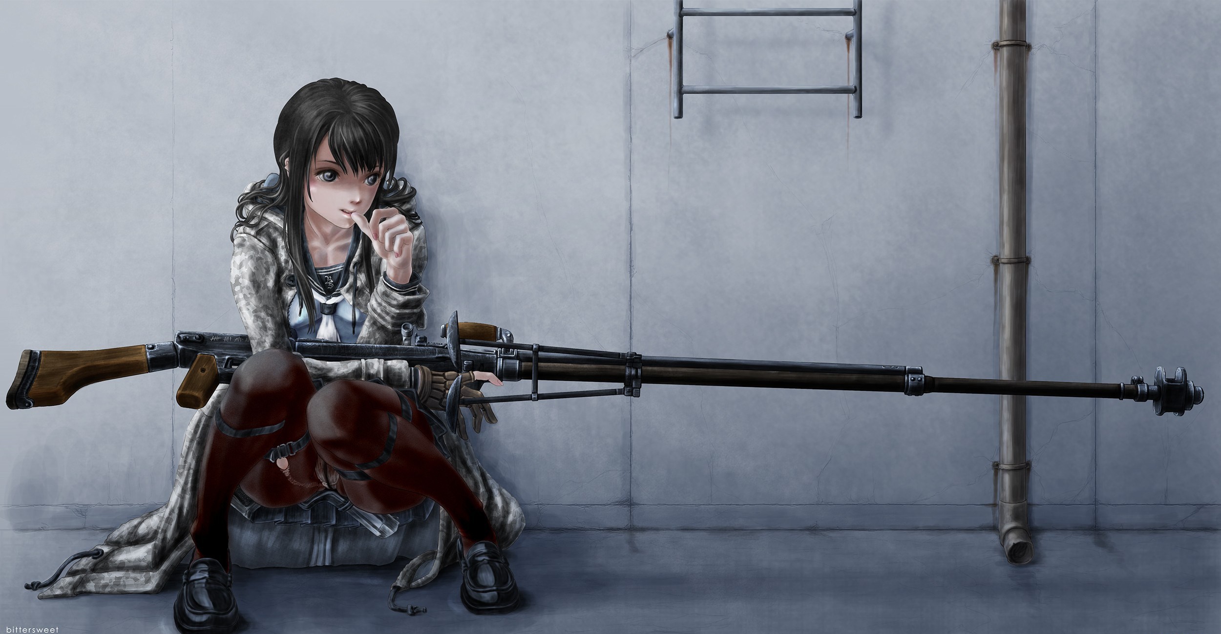 Wallpaper - Anime Girl With Gun Art - HD Wallpaper 