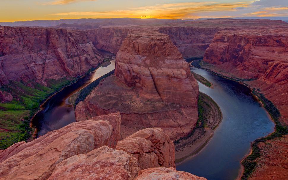 Horseshoe Bend Rock Stone River Sunset Hd Wallpaper,nature - HD Wallpaper 