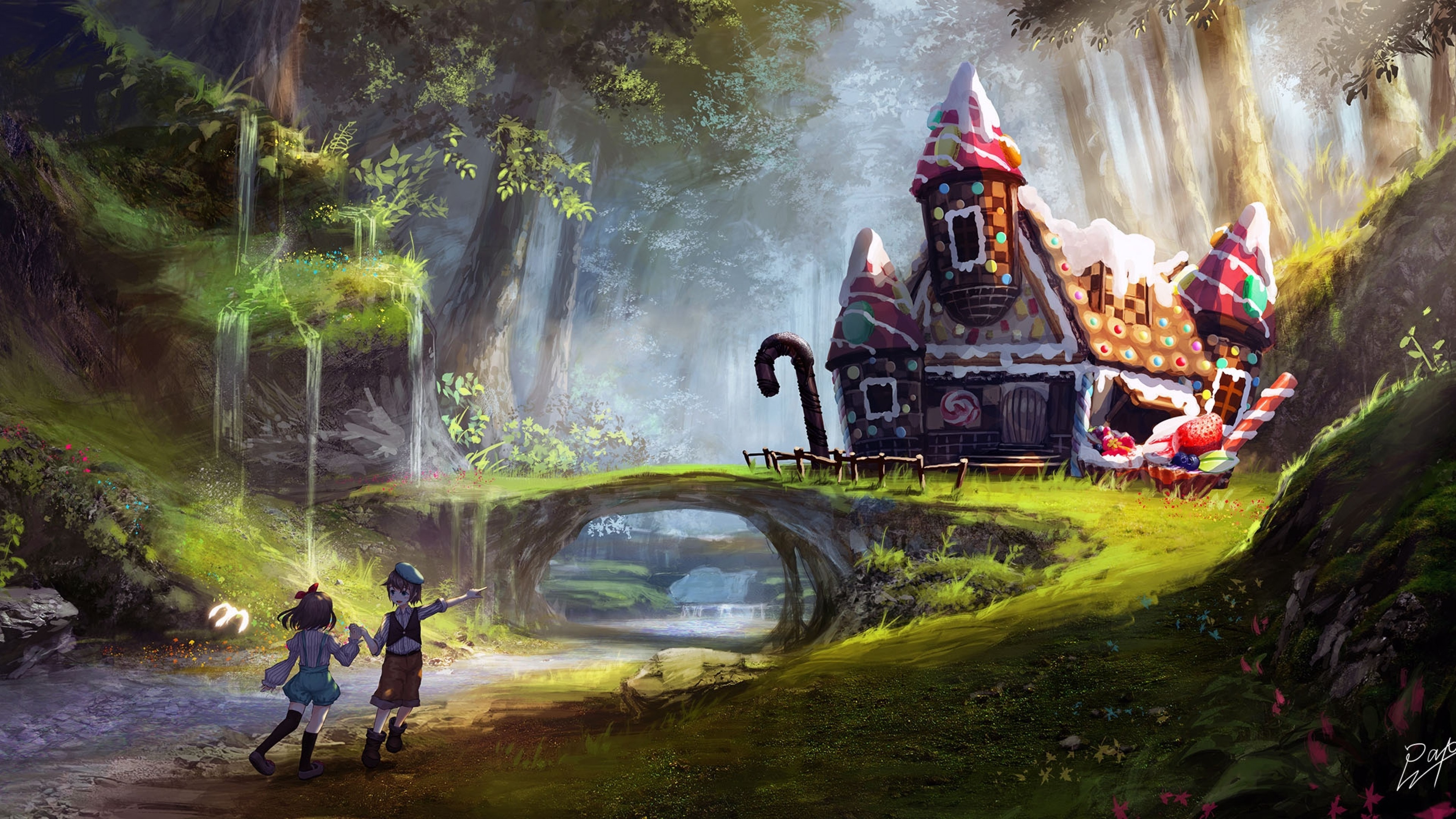 Anime Landscape, Waterfall, Scenic, House, Fantasy, - Anime Candy House Background - HD Wallpaper 