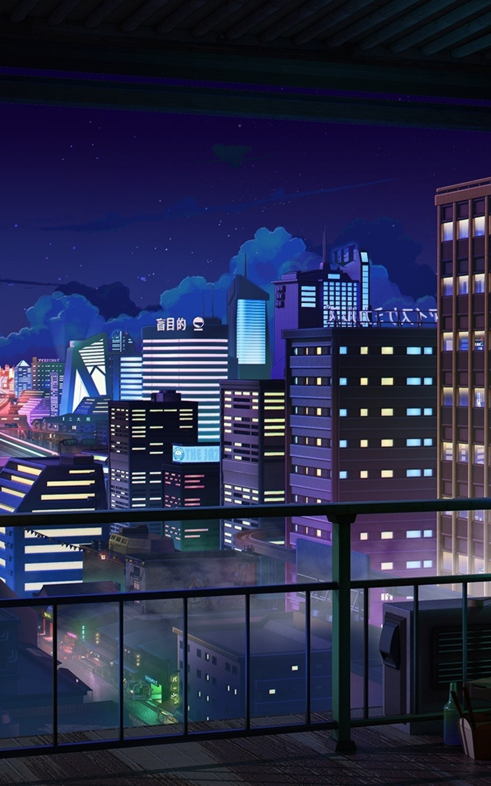 Anime Cityscape, Night, Buildings, Balcony, Stars, - Lo Fi City Night - HD Wallpaper 