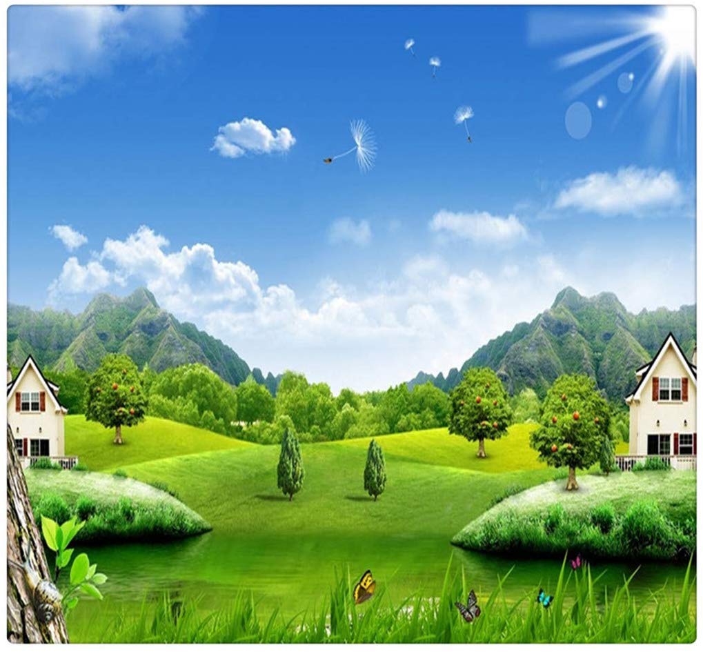 3d Photo Wallpaper Blue Sky White Clouds Village House - Tranh Phong Canh - HD Wallpaper 