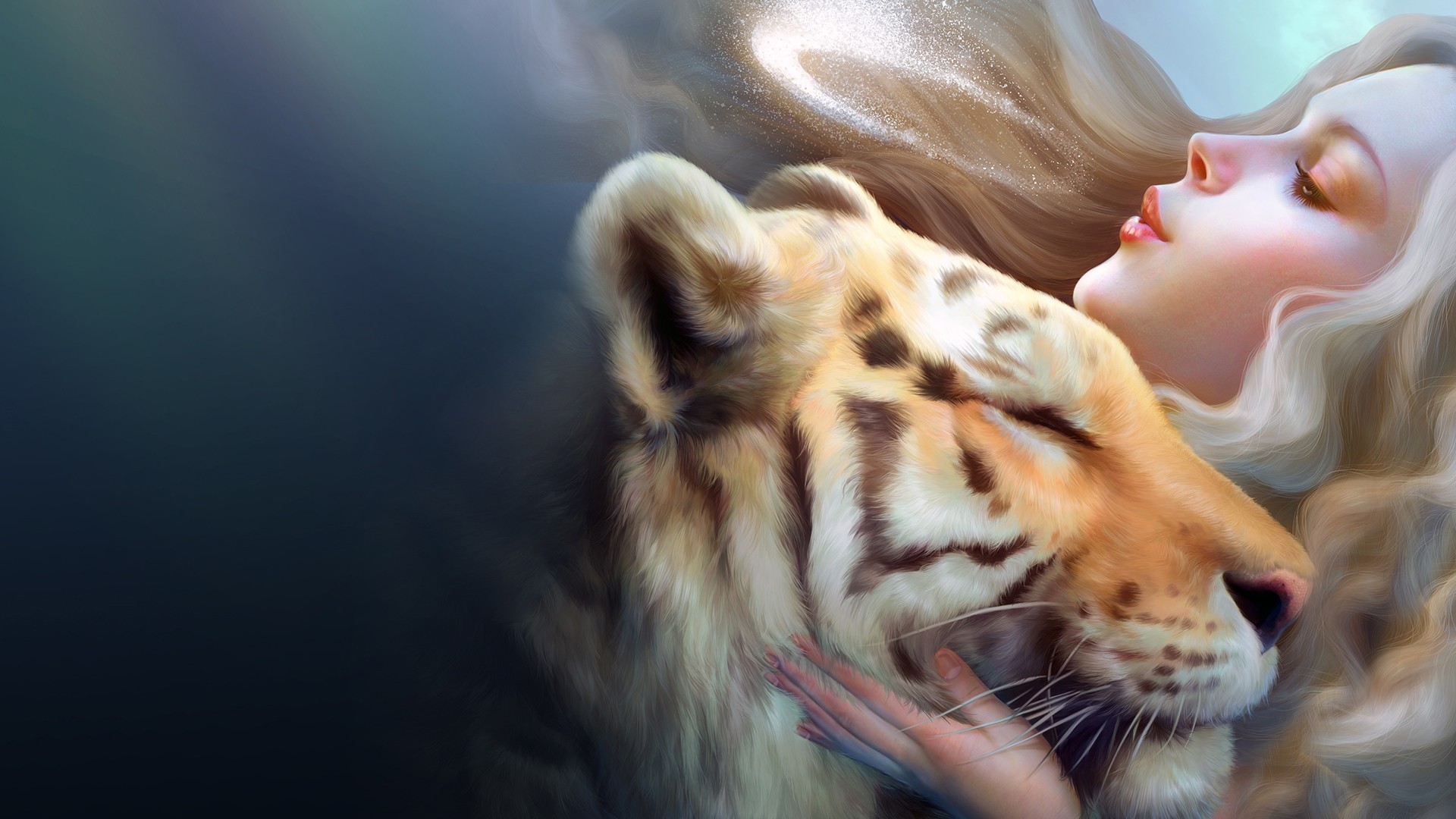 Fantasy Animal Cg Digital Art Tiger Women Love Mood - Tiger And The Girl - HD Wallpaper 