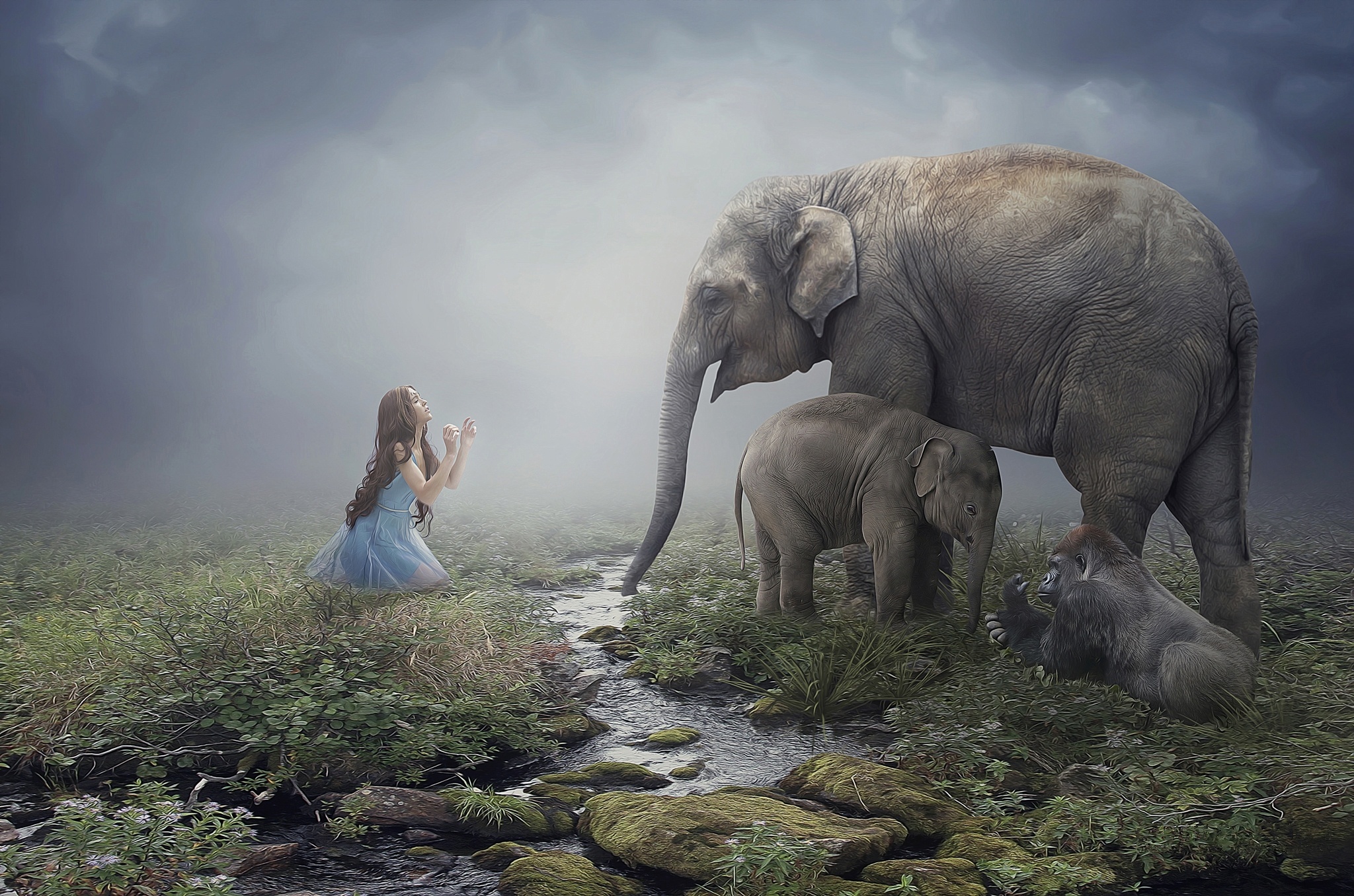 Elephants, The Cubs, Stream, Fantasy, Animals - HD Wallpaper 