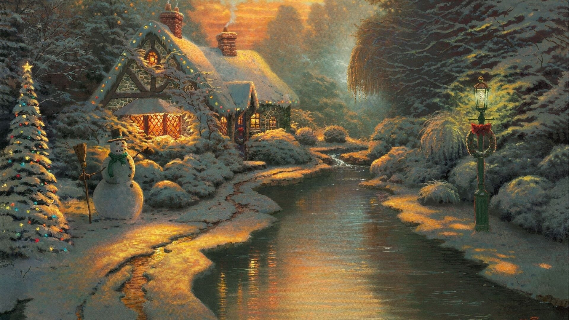 1920x1080, Christmas Cottage - Christmas Wallpaper Thomas Kinkade - HD Wallpaper 