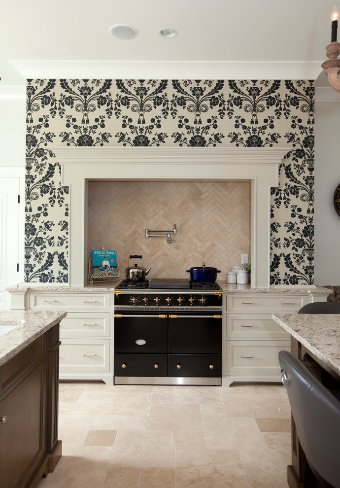 French Pattern Travertine Living Room Eclectic With - Kitchen Black White Pattern Backsplash - HD Wallpaper 