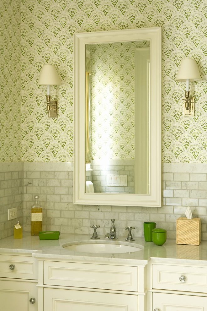 Transitional Wallpaper Tiles Powder Room Traditional - Акриловые Обои В Ванной - HD Wallpaper 