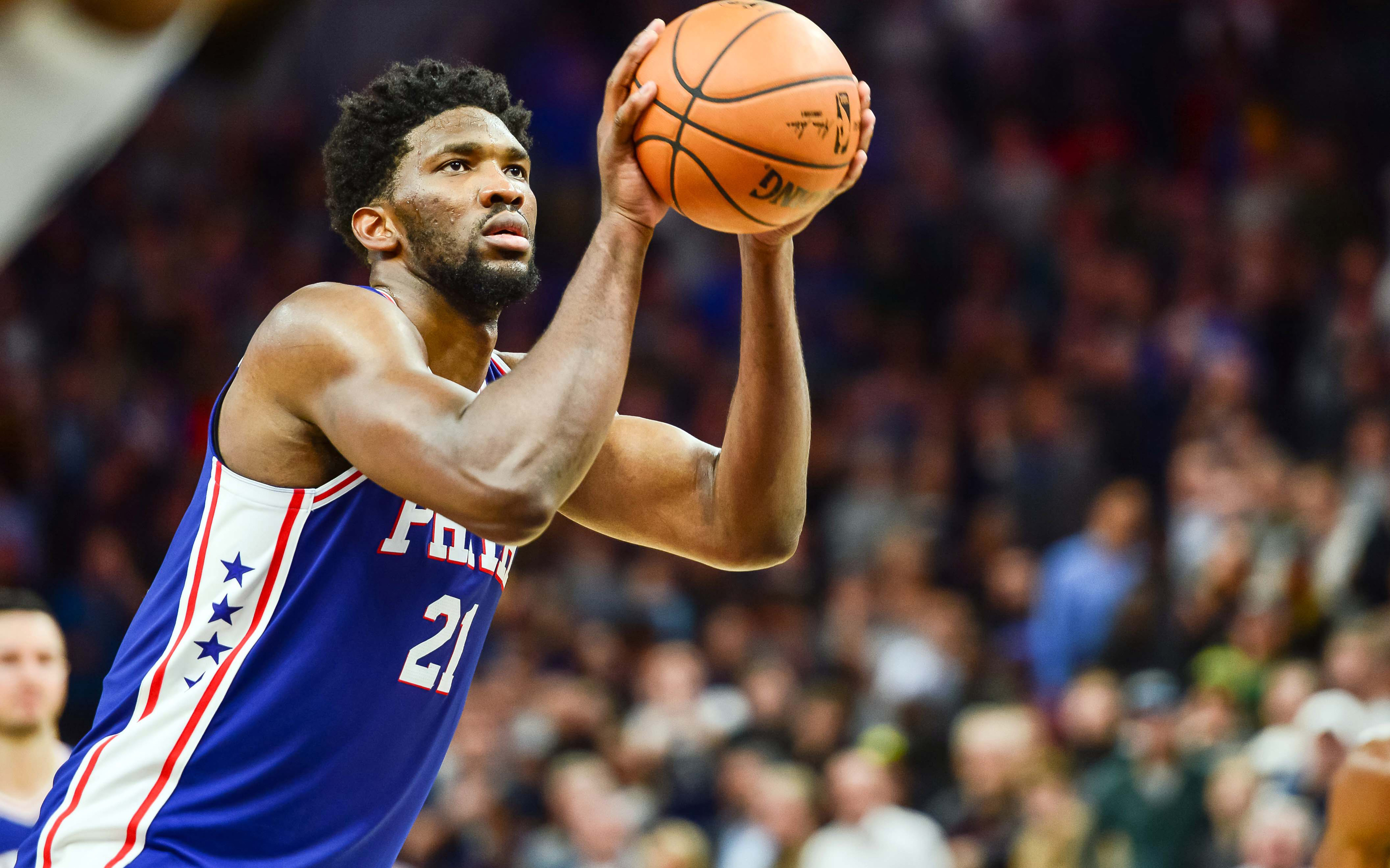 4k, Joel Embiid, Nba, Basketball Players, Philadelphia - Joel Embiid Shooting Basketball - HD Wallpaper 