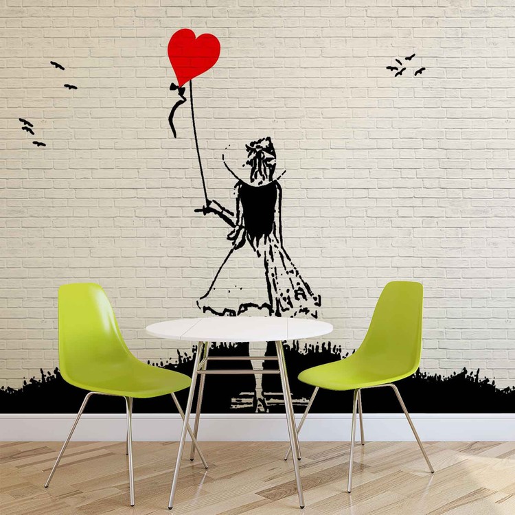 Brick Wall Heart Balloon Girl Graffiti Wallpaper Mural - Dievča S Balónom - HD Wallpaper 