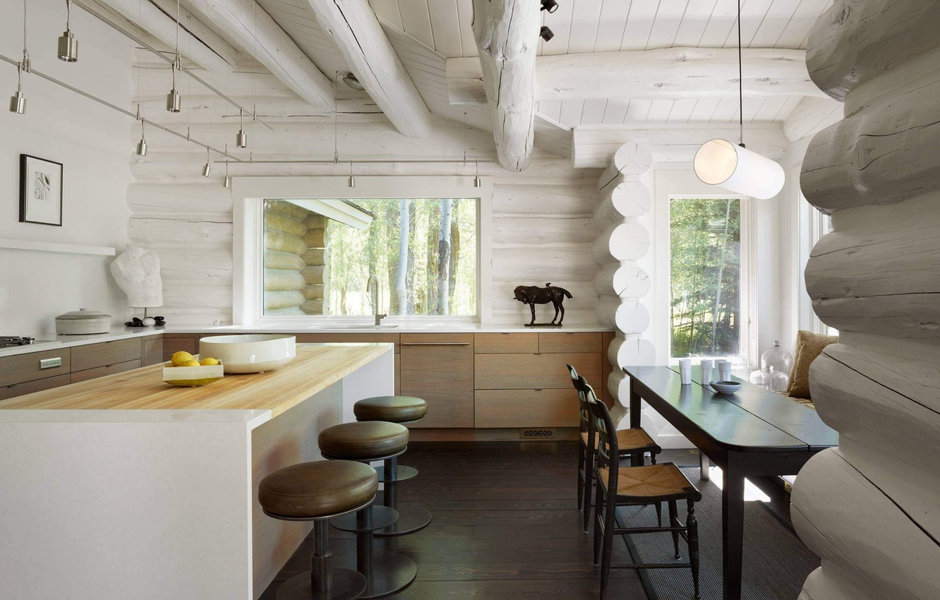 Photo Wallpaper Tree, Interior, Kitchen, Country House - Contemporary Log Cabin Interior - HD Wallpaper 