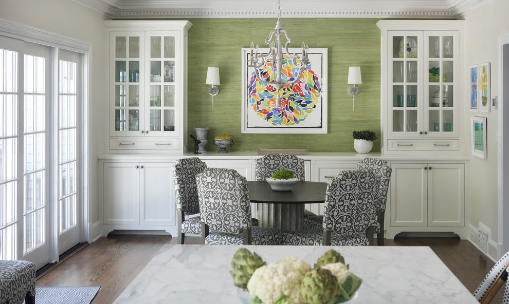 Green Wallpaper Dining Room Transitional With Round - White Living Room Built In Cabinets - HD Wallpaper 