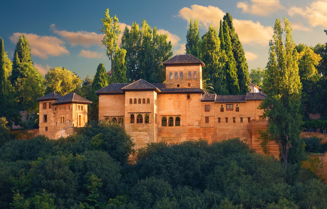 Photo Wallpaper Greens, The Sky, The Sun, Clouds, Trees, - Alhambra - HD Wallpaper 