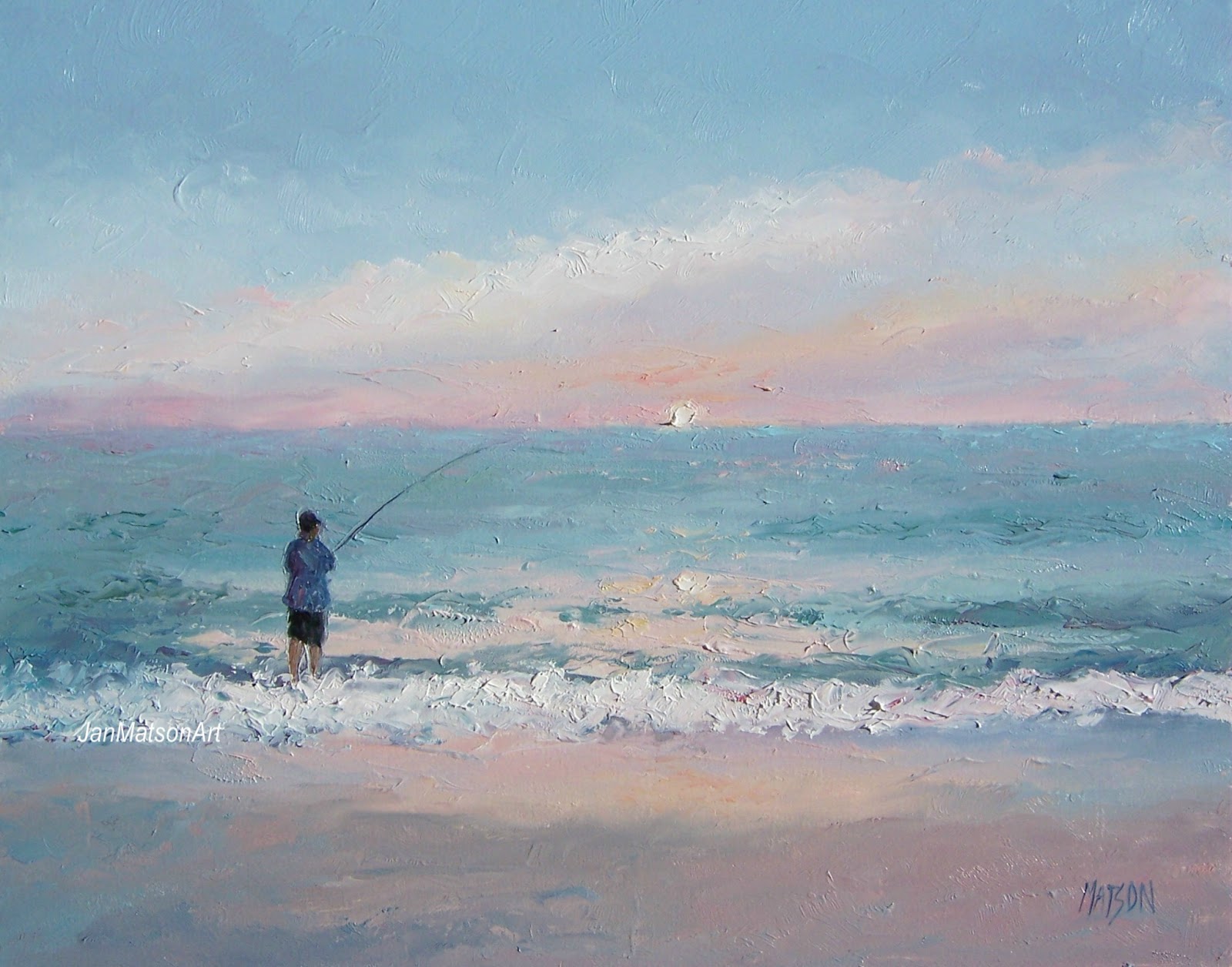 Beach Oil Paintings Fishing Desktop Background - Beach Fishing Painting - HD Wallpaper 