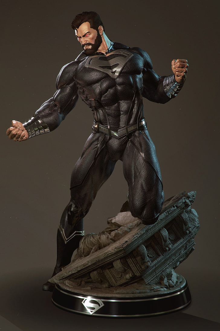Superman Action Figure, Render, Black, Uniform, Clark - Black Suit Superman Custom Statue - HD Wallpaper 