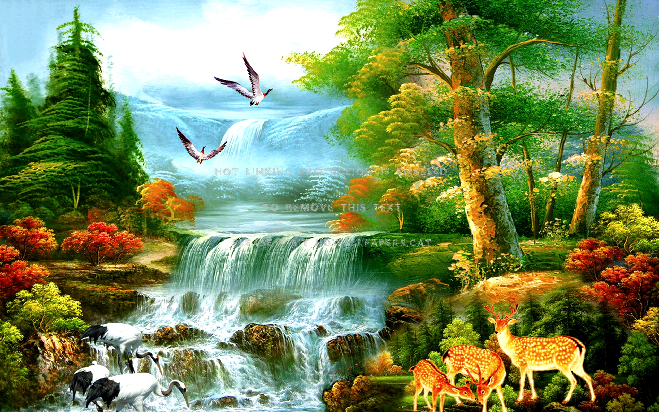 Paradise Waterfalls Painting Forest Deers Hd Wallpaper - HD Wallpaper 