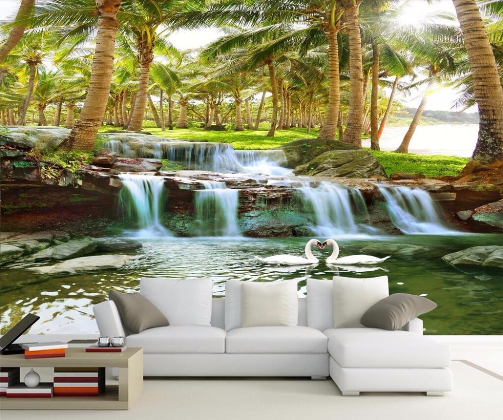 Waterfall With Pink Trees Background - HD Wallpaper 