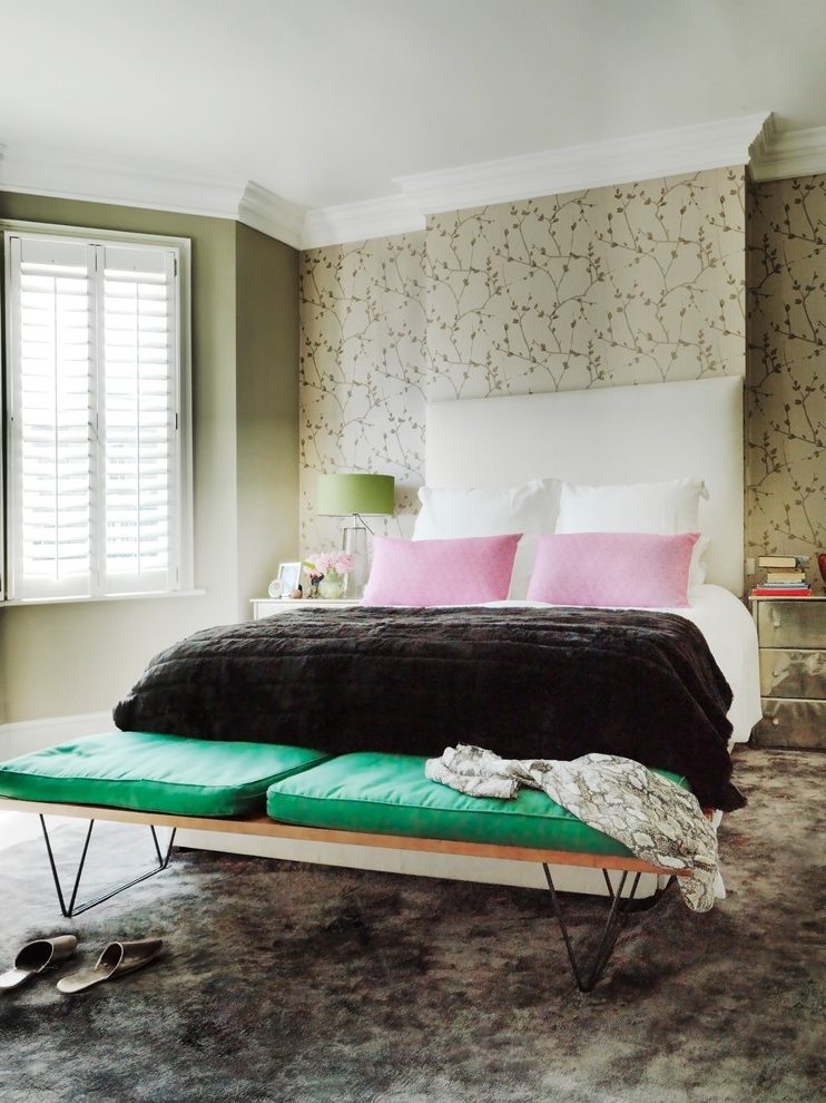 London Cherry Blossom Wallpaper With Top Nightstands - Bedroom - HD Wallpaper 