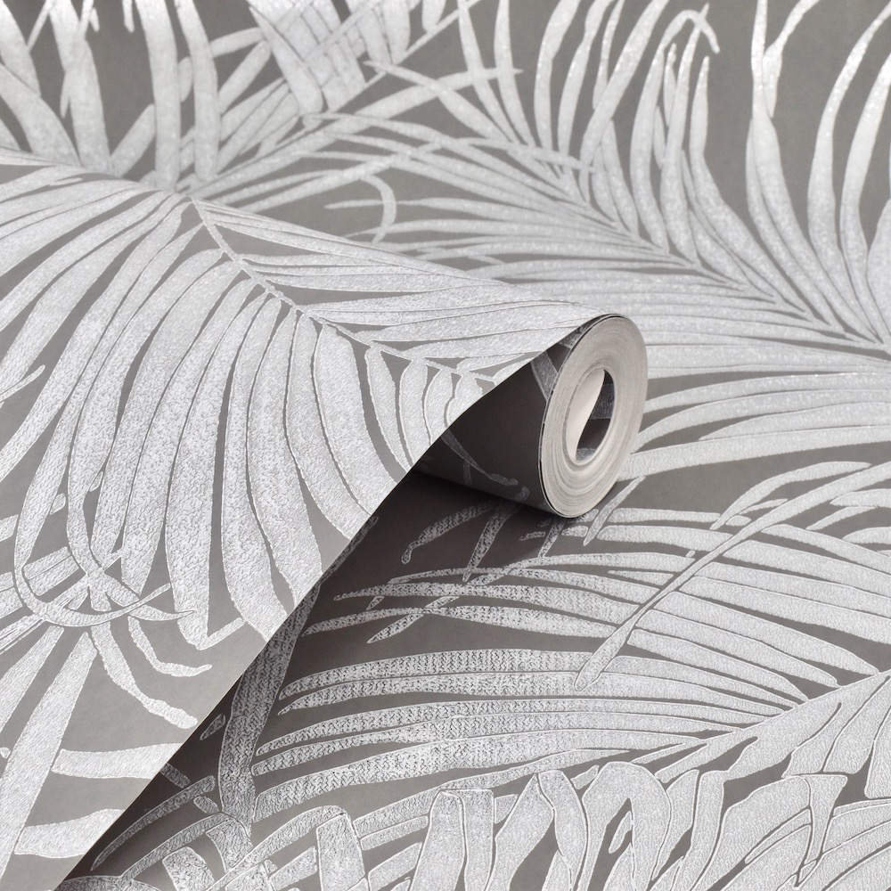 Arthouse Kiss Foil Palm Leaf Grey Gunmetal Wallpaper - Bed Sheet - HD Wallpaper 