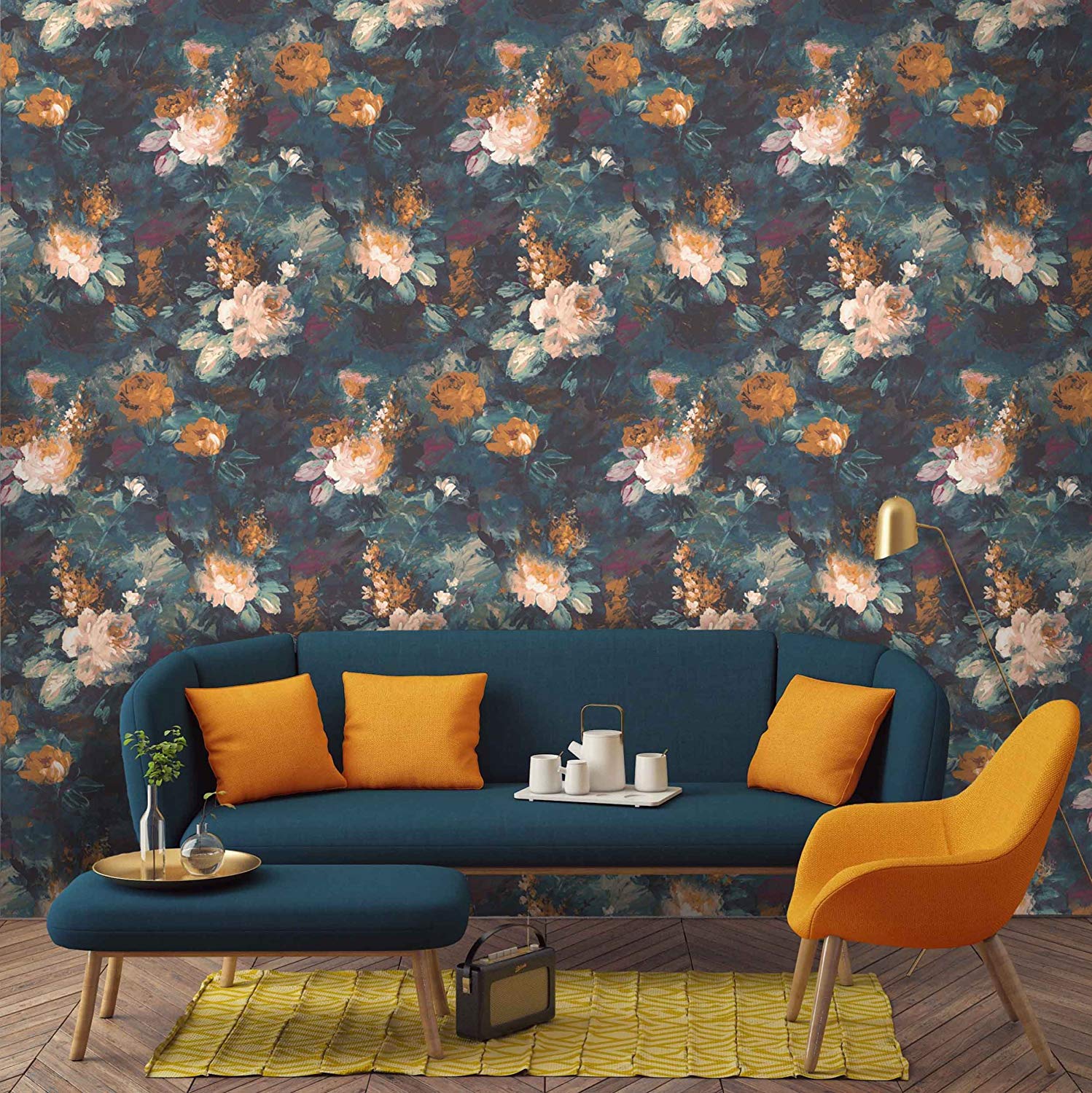Ava Marika Supersized Teal & Orange Floral Wallpaper - Asian Paint Printed Wall - HD Wallpaper 