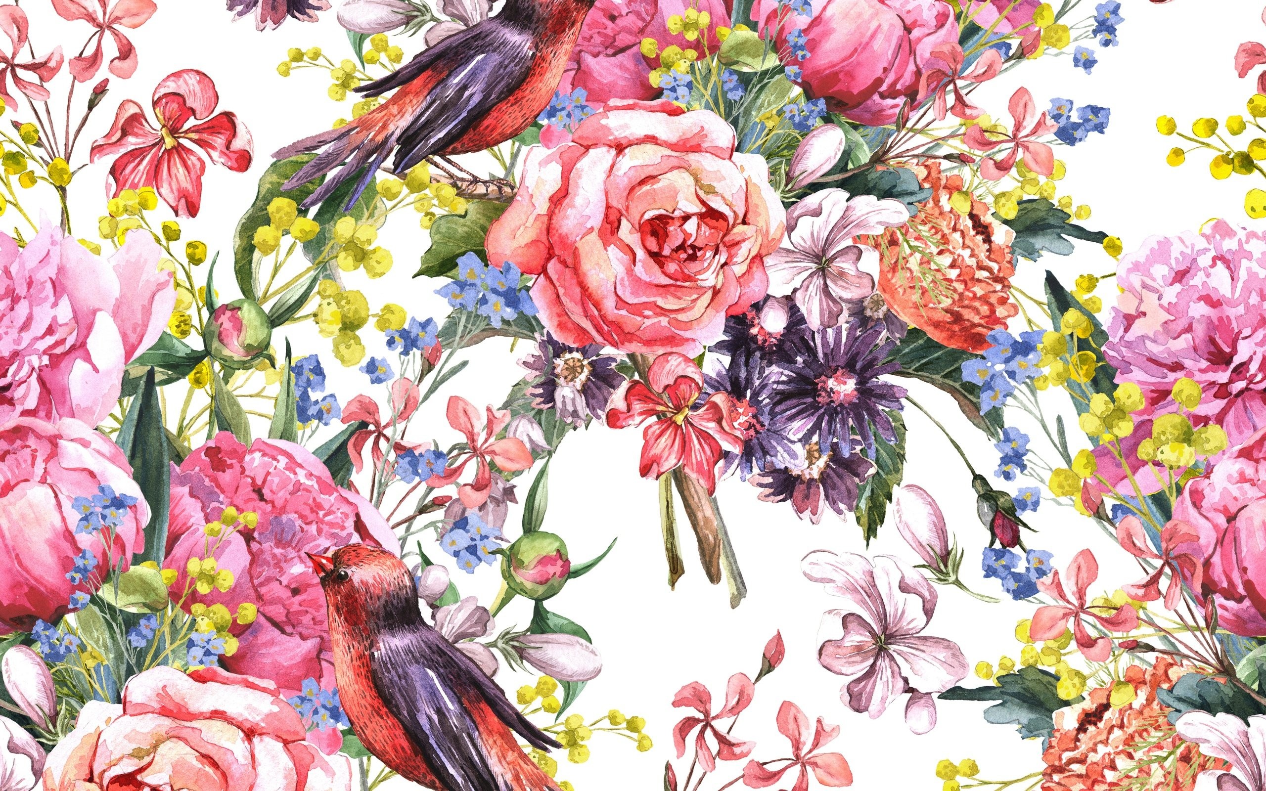Watercolor Peony Bird Background - HD Wallpaper 