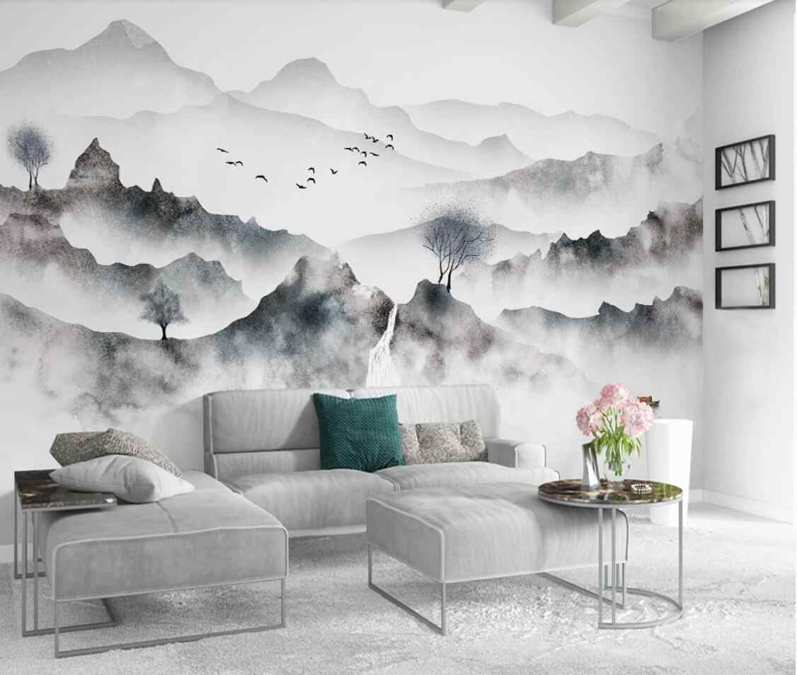 Modern Creative Water Ink Mountain Mural Wallpaper - Geometric Triangles Wall Ideas - HD Wallpaper 