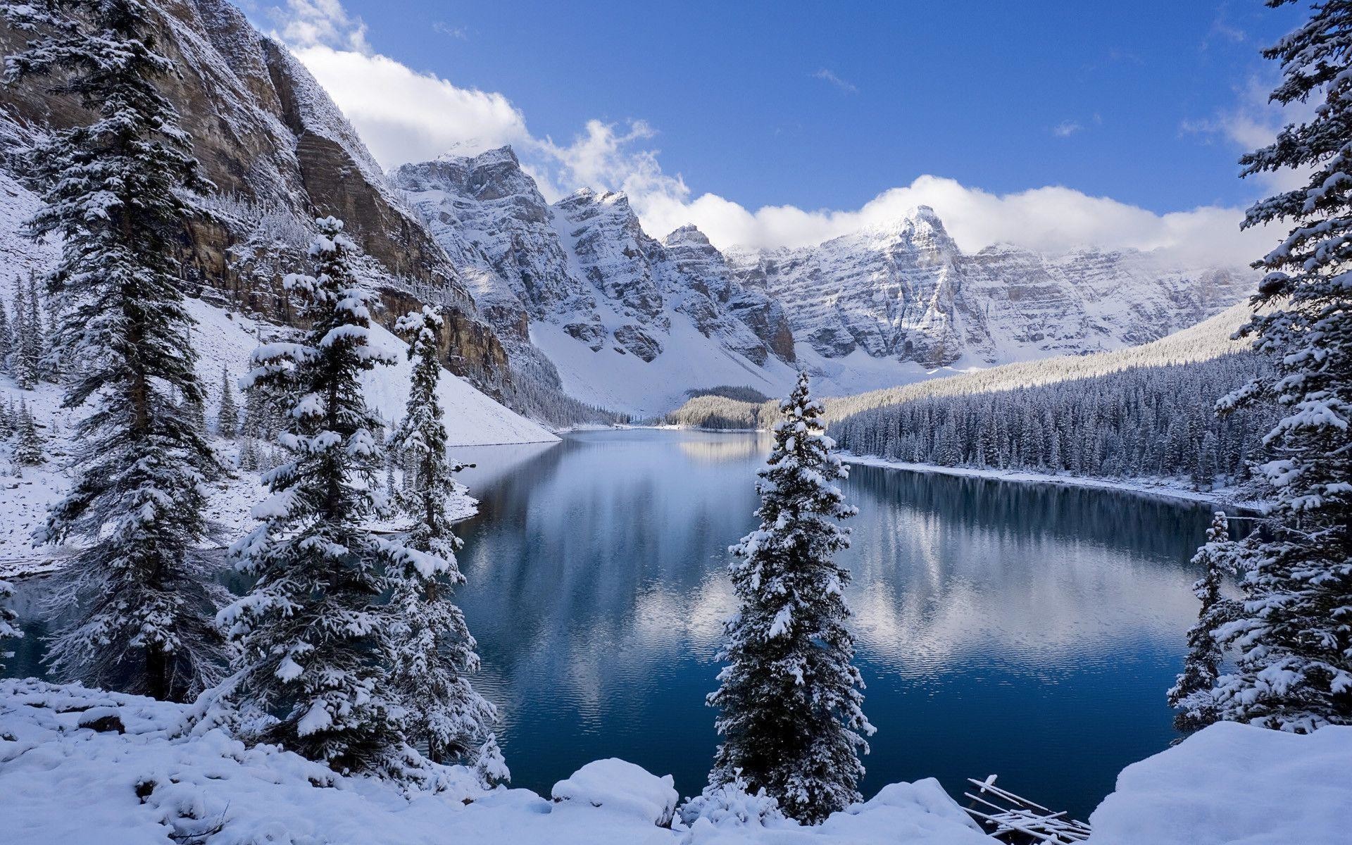 Wooden Cabins In The Snowy Mountains Wallpaper - Moraine Lake - HD Wallpaper 