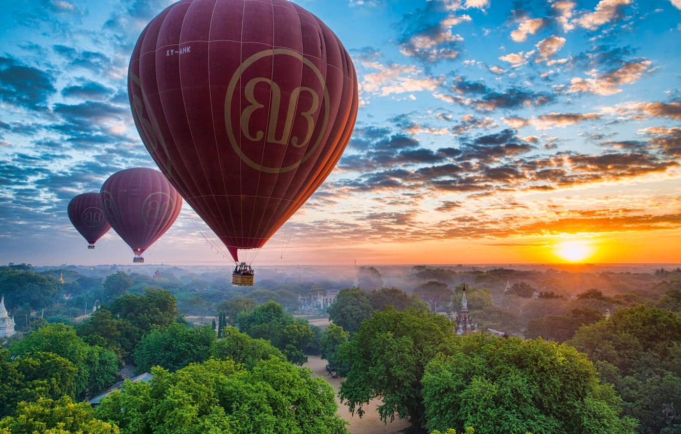 Photo Wallpaper The Sky, Sunset, Balloons, Panorama, - Hot Air Balloon Myanmar - HD Wallpaper 