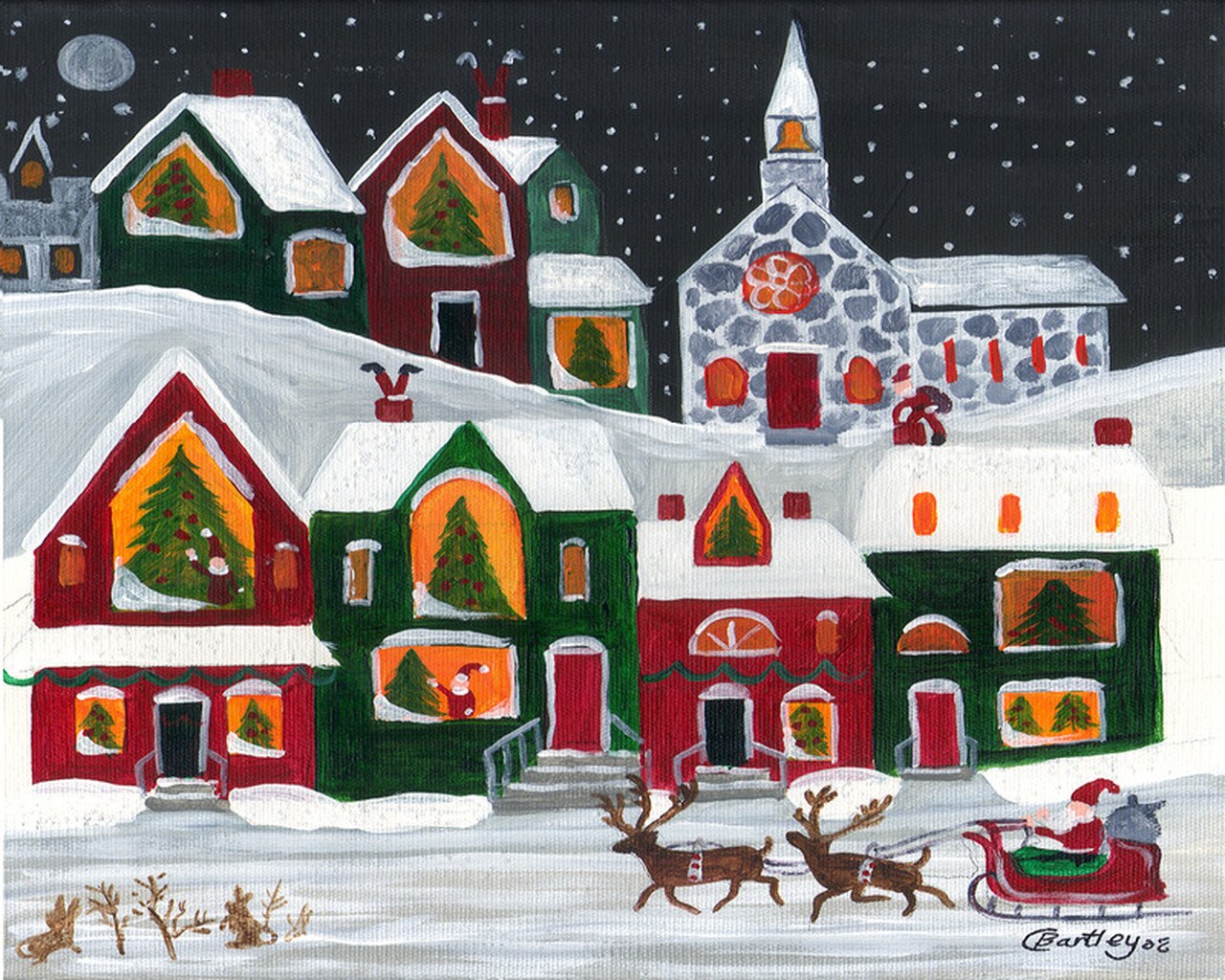 Santa Sleigh Christmas Eve Snowy Rabbiits Folk Art - Christmas Folk Art - HD Wallpaper 