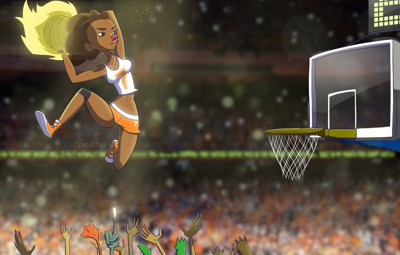 Photo Wallpaper Girl, Jump, Basket, The Ball, Hands, - Girl Basketball Wallpaper Cartoon - HD Wallpaper 
