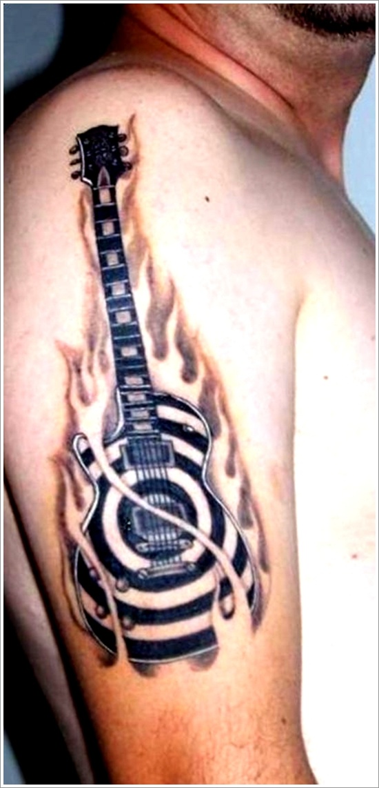Amazing Guitar In Flame Tattoo On Man Right Half Sleeve - Rock Guitar Tattoo Designs - HD Wallpaper 