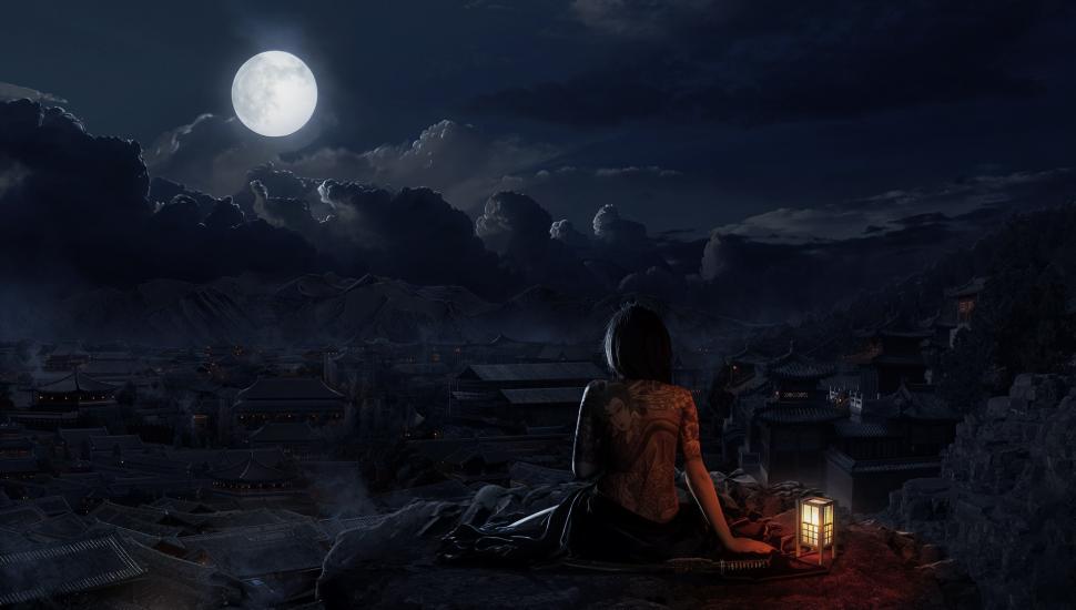 Tattoo, Nude Artistic, Moon, Night, Artwork Wallpaper,tattoo - Sitting In Front Of The Moon - HD Wallpaper 