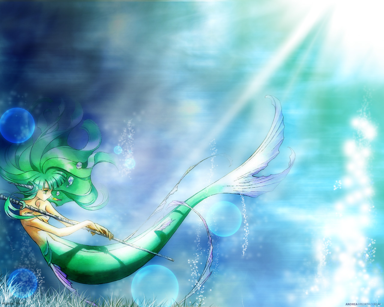 Animal Bubbles Fish Green Hair Long Hair Mermaid Tagme - Anime Mermaid - HD Wallpaper 