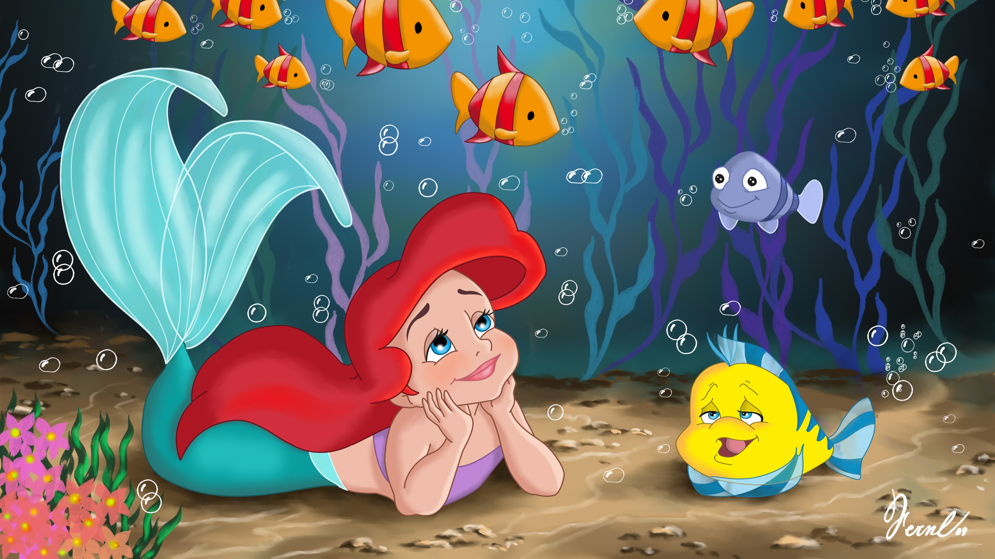 Wallpaper Little Mermaid And Yellow Fish, Disney Anime - HD Wallpaper 