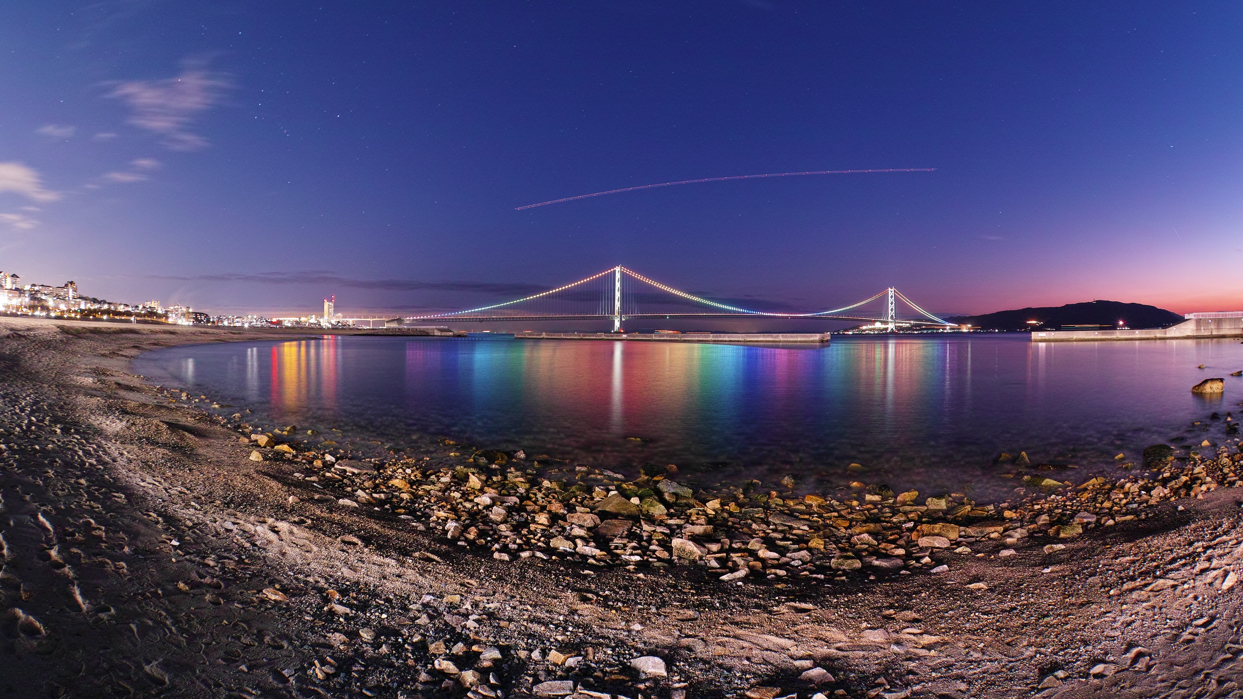 Wallpaper Bridge, Shore, Strait, Evening, Akashi-kaikyo - HD Wallpaper 