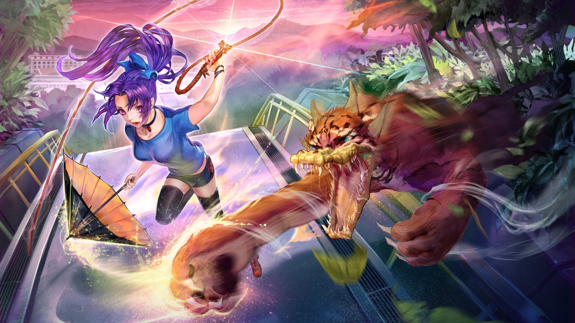 Anime Girl, Run, Monster, Forest, Purple Hair - 縛 靈 宿舍 - HD Wallpaper 