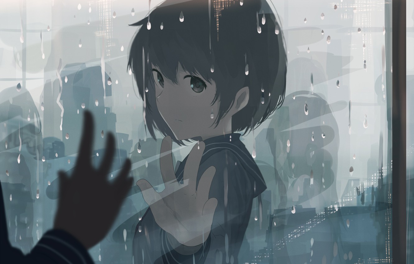 Photo Wallpaper Rain, Blue, Eyes, Anime, Art, Mfua - Nightcore → Trouble - HD Wallpaper 