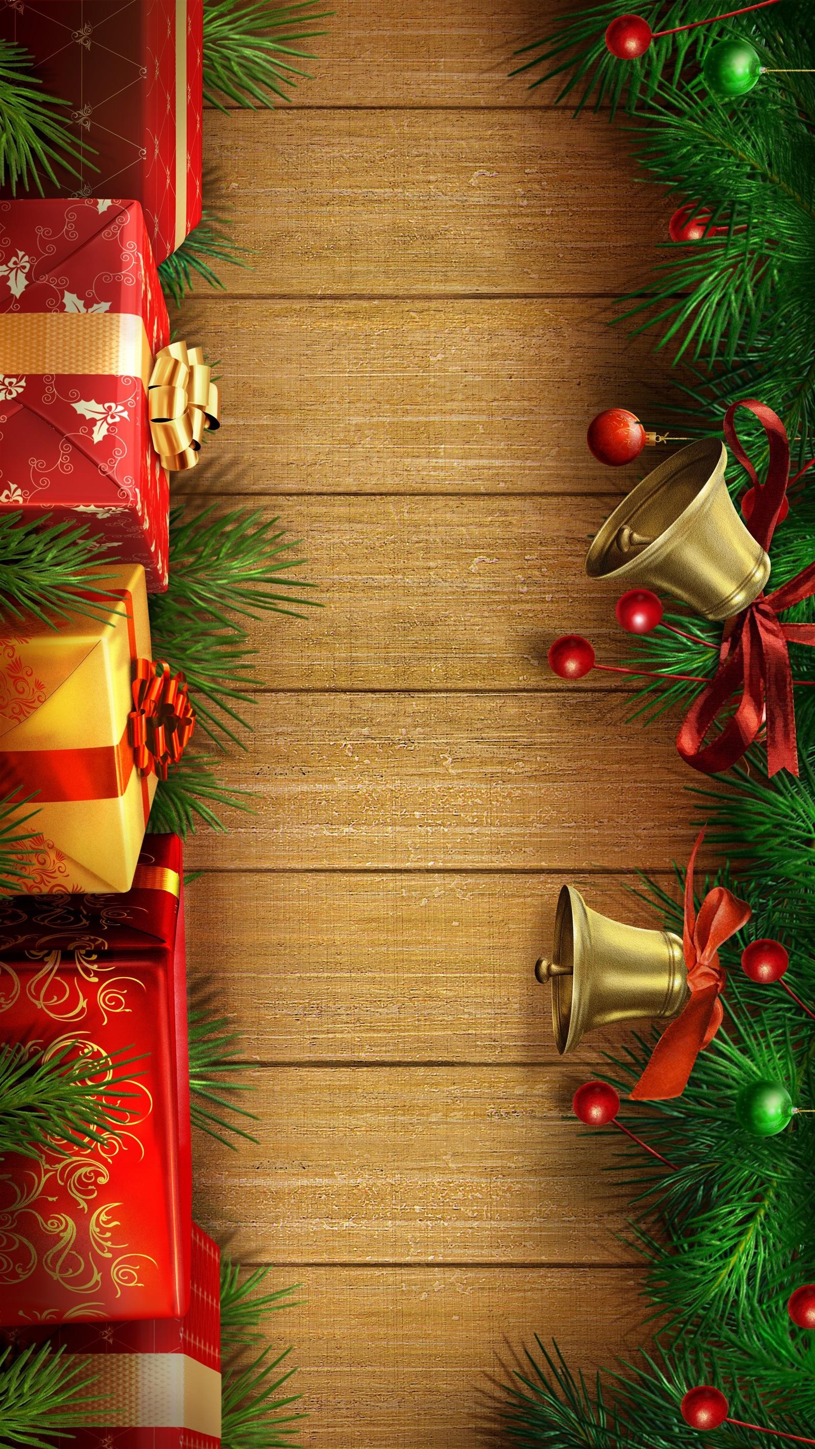 Natal Presents Bells Wood Background Android Wallpaper - Christmas Hd 1080 * 1920 - HD Wallpaper 