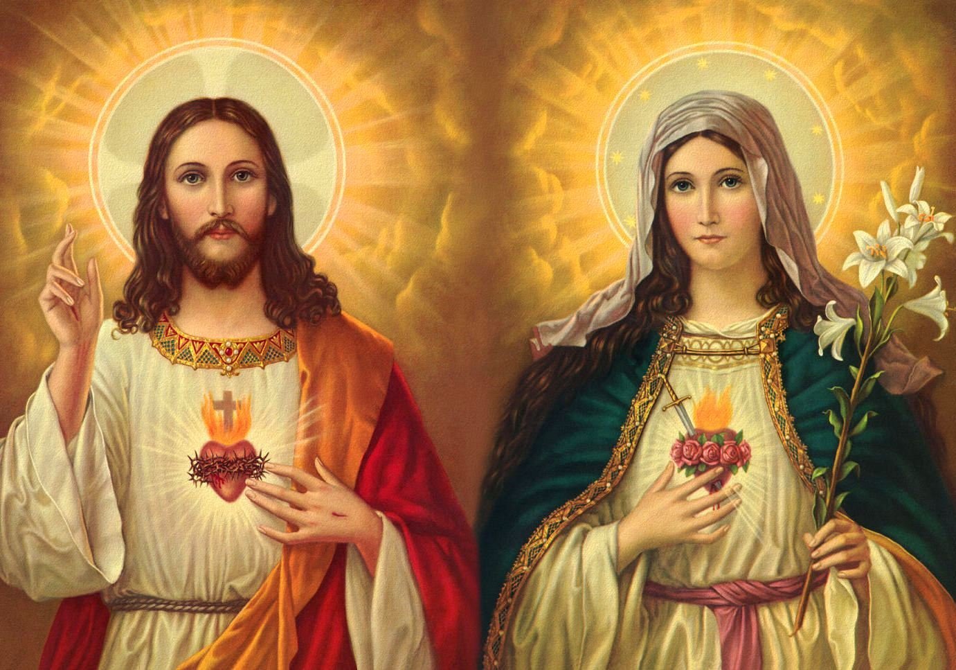 Jesus And Mary Poster A2 Print Sacred Heart Of Jesus - Sacred Heart Of  Jesus And Immaculate Heart - 1381x967 Wallpaper 