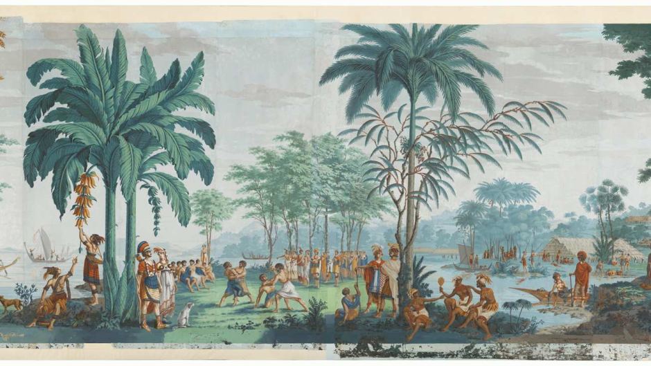 A Section Of Dufour S 1805 Wallpaper, Featuring Painted - Joseph Dufour Les Sauvages De La Mer Pacifique - HD Wallpaper 