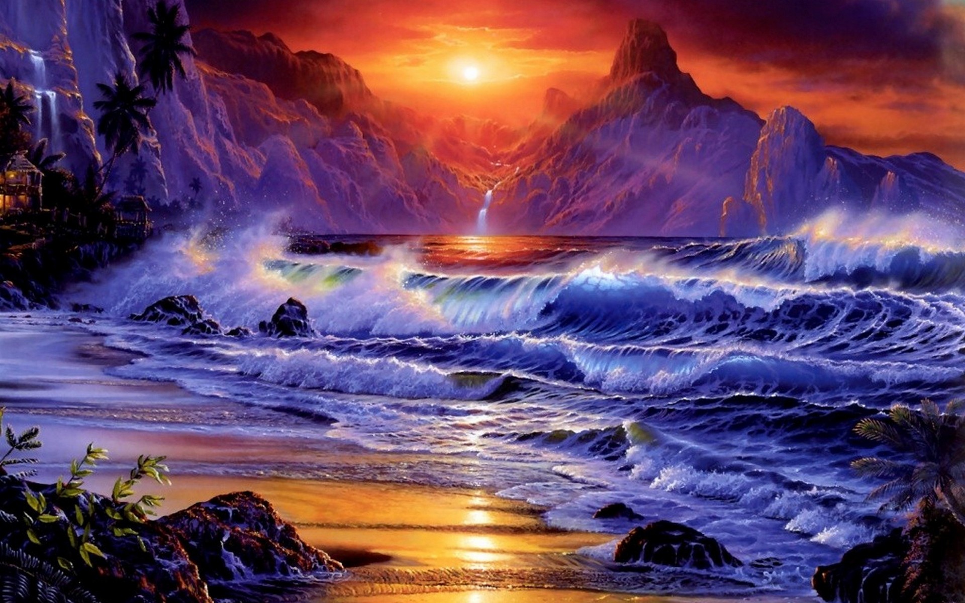 Ocean Sunset Beach Waves - HD Wallpaper 