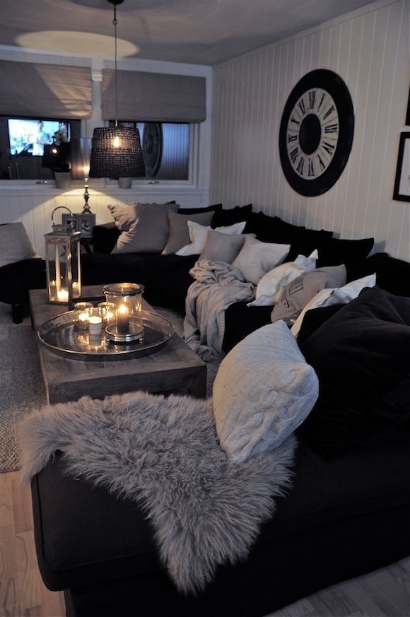 Grey Living Room With Black Sofa, Wallpaper To Go With Dark Grey Sofa