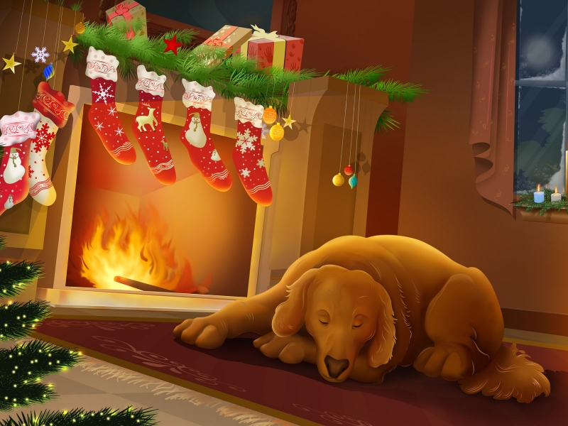 Dog Sleeping Next To Fireplace On Christmas Art - Christmas Dog Fireplace Live - HD Wallpaper 