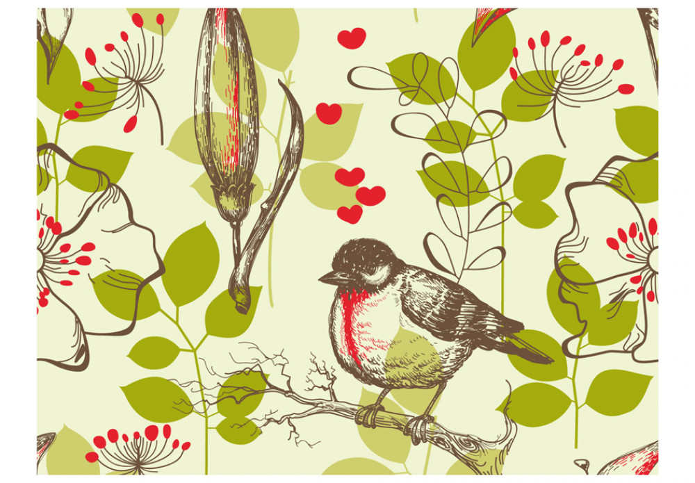 Photo Wallpaper Bird And Lilies Vintage Pattern 61092 - Papier Peint Oiseau - HD Wallpaper 