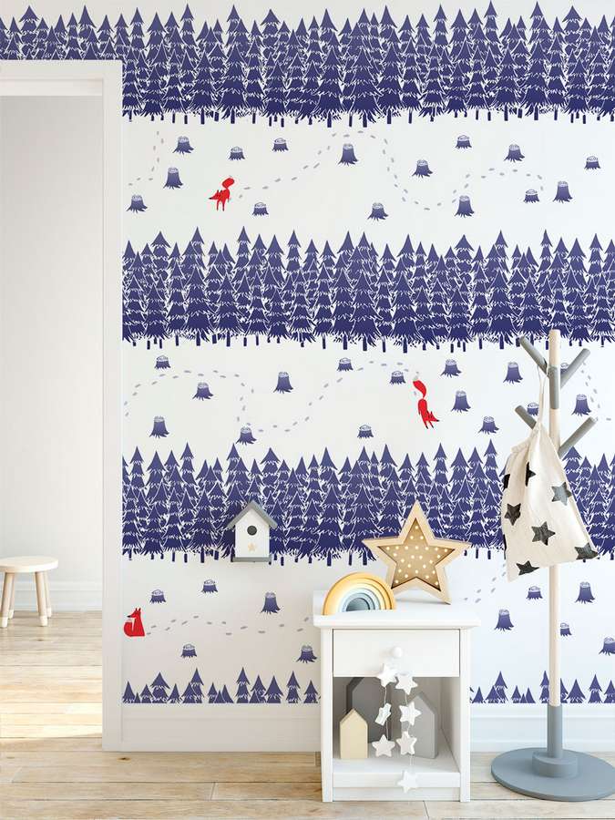 Fir-tree And Fox Wallpaper Mural Blue In Children S - Wall - HD Wallpaper 